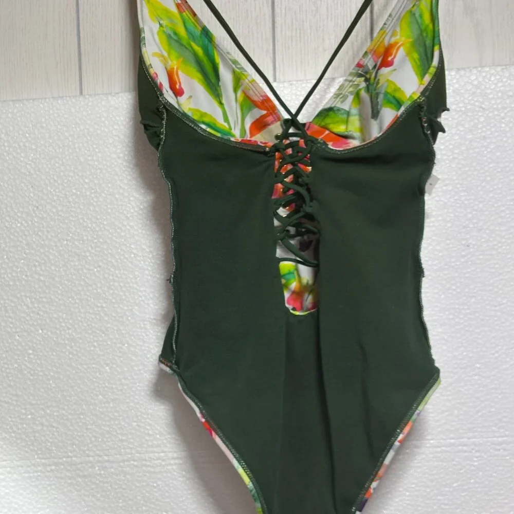 TINIBIKINI Watercolour Tropical Print & Sage Green REVERSIBLE One Piece Swimsuit - Picture 7 of 8